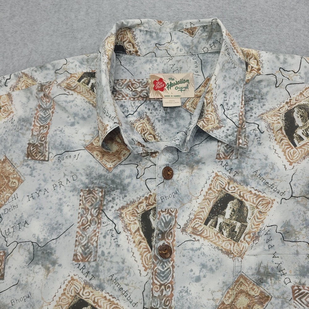 Hilo Hattie Hawaiian Shirt Men's L Globe Map Egypt Postcard Print